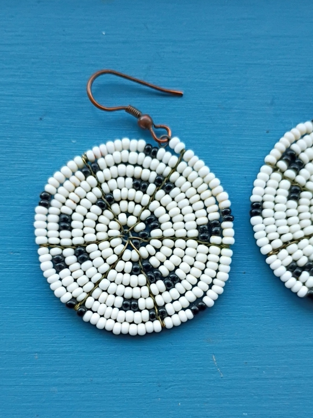 Handmade White & Black Beaded Round Drop Earrings